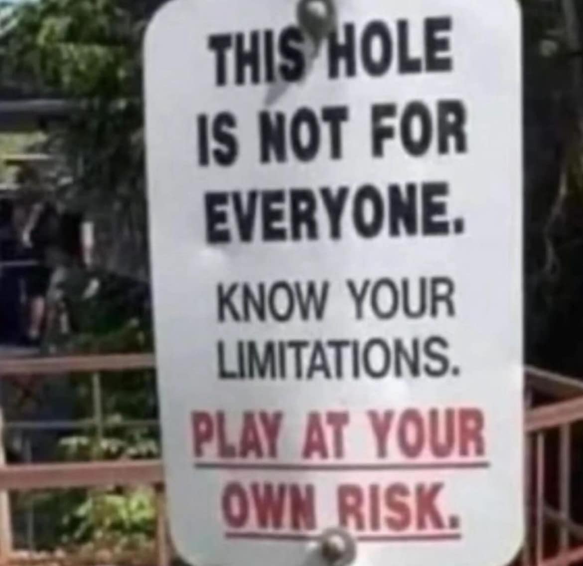 This meme is a humorous image of a sign, likely from a public pool or beach, that reads: "This hole is not for everyone. Know your limitations. Play at your own risk." The sign is often used to poke fun at the idea of a "hole" being a literal, absurd, and humorous concept.